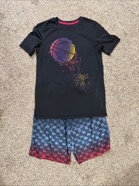 Boys Black Graphic Basketball Tee with matching Patterned Shorts